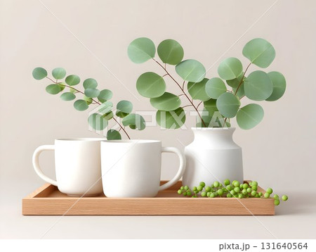 bouquet of green plants and branches with leaves in white mugs and glasses on white background isolated, for stylish kitchen interior design bouquet of green plants and branches with leaves in white mugs and glasses on white background isolated, for stylish kitchen interior design 131640564