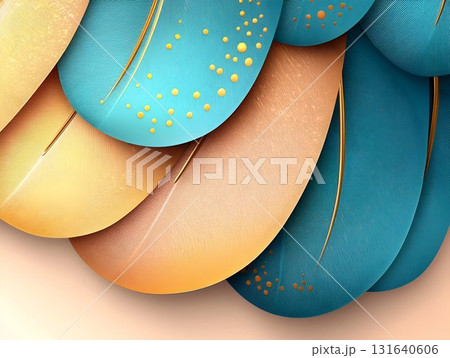 Vibrant feathers layering intricately, complemented by golden highlights, showcasing elegant texture and sophisticated color interplay against soft background 131640606