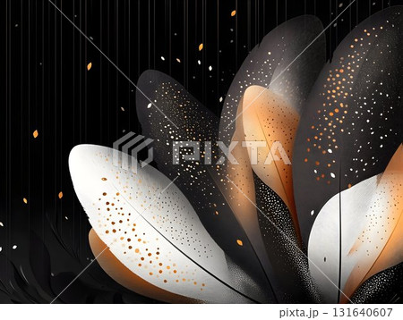 Vibrant feathers layering intricately, complemented by golden highlights, showcasing elegant texture and sophisticated color interplay against soft background Vibrant feathers layering intricately, complemented by golden highlights, showcasing elegant texture and sophisticated color interplay against soft background 131640607