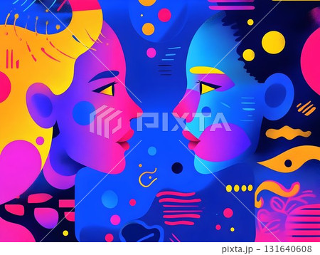 Cheerful cartoon characters in pop art style , dressed in vibrant clothes and colorful hats, radiating warmth and friendliness in a lively 131640608