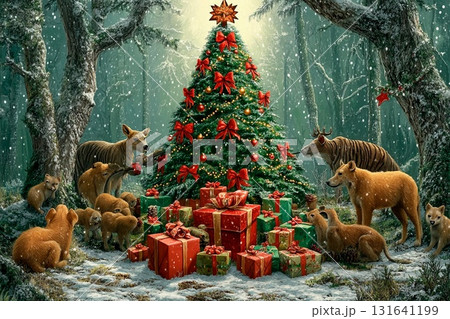 Magic of Christmas in a forest surrounded by joyful animals and gifts 131641199