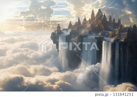 City of clouds with majestic waterfalls cascading into the abyss under a serene sky at twilight 131641251