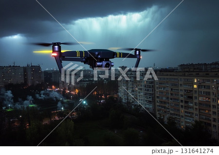 Drone equipped with lighting effects soaring above a vibrant night cityscape with stunning skyline views and glowing buildings 131641274