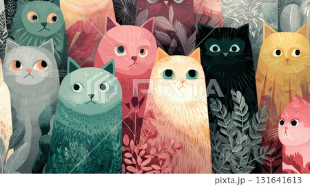 Colorful Artistic Illustration of Cats Surrounded by Nature Elements 131641613