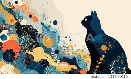 Enigmatic Cat Silhouette Against Colorful Abstract Background Enigmatic Cat Silhouette Against Colorful Abstract Background 131641619