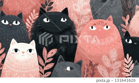 Whimsical Cat Art Illustration with Colorful Foliage Background Whimsical Cat Art Illustration with Colorful Foliage Background 131641620