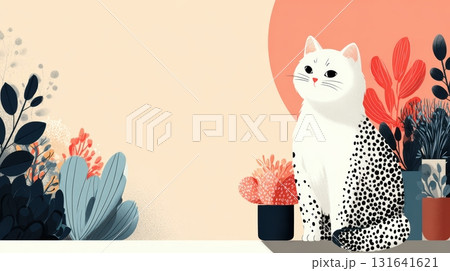 Cat Illustration Surrounded by Stylized Plants and Minimalist Design Cat Illustration Surrounded by Stylized Plants and Minimalist Design 131641621