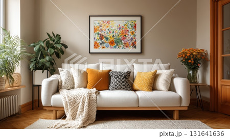 Cozy Living Room with Stylish Sofa and Colorful Wall Art Display 131641636