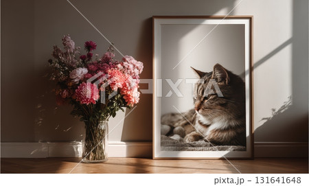Calm Cat Portrait Surrounded by Colorful Flower Bouquet in Room 131641648
