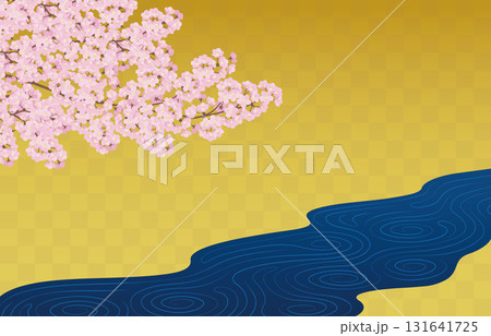 日本画風の背景。満開の桜と小川のイラスト。 131641725