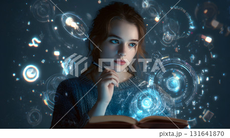 宇宙と知識の世界に没頭する若い女性。幻想的な光と本を読むイメージ 宇宙と知識の世界に没頭する若い女性。幻想的な光と本を読むイメージ 131641870