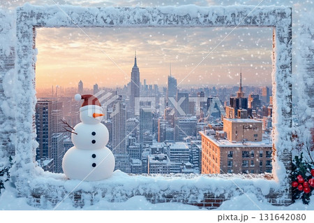 Snowman stands proudly on rooftop terrace overlooking a bustling winter cityscape 131642080