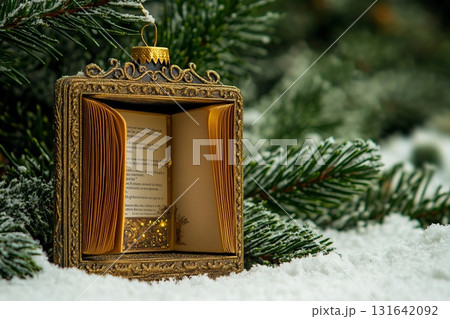 Tiny enchanted book ornament sparkles with magic on a festive holiday tree 131642092