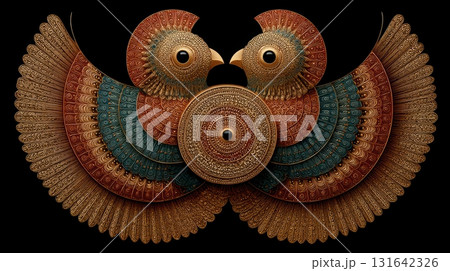 Intricate Dual Bird Artwork with Vibrant Colors and Detailed Patterns 131642326
