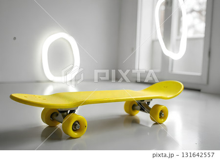 Yellow skateboard with a ring light  131642557