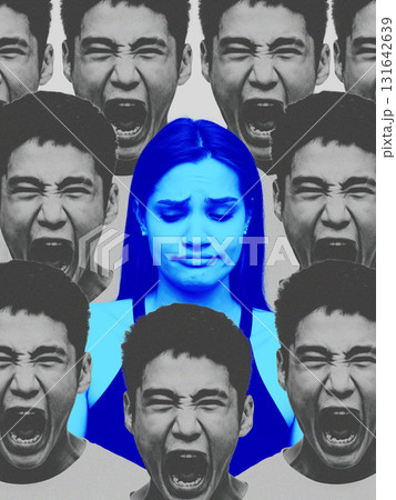 Minimalist collage. Calm blue woman surrounded by black and white shouting crowd Minimalist collage. Calm blue woman surrounded by black and white shouting crowd 131642639