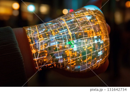 3D holographic map displayed from a wristband illuminates the hand with vibrant city pathways and landmarks during the evening 3D holographic map displayed from a wristband illuminates the hand with vibrant city pathways and landmarks during the evening 131642734