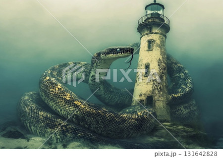 Giant underwater snake coils around an old lighthouse amidst turbulent sea and stormy skies Giant underwater snake coils around an old lighthouse amidst turbulent sea and stormy skies 131642828