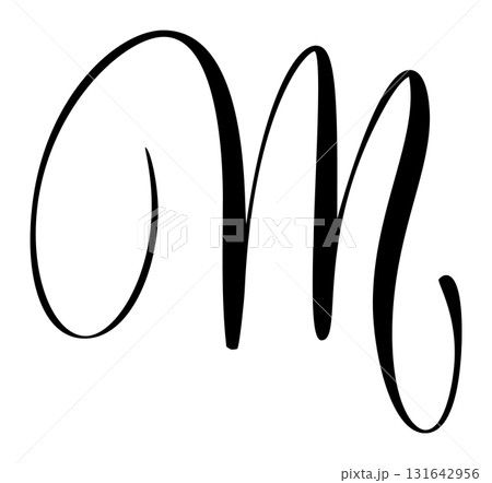 Calligraphic vector hand drawn uppercase letter m forming ornate monogram with decorative flourish elegant scroll design Calligraphic vector hand drawn uppercase letter m forming ornate monogram with decorative flourish elegant scroll design 131642956