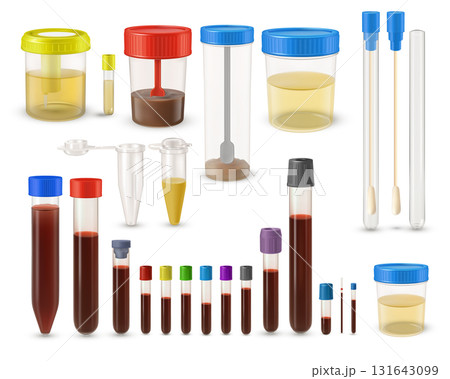 Filled medical containers for assembling human biomaterial, vector realistic transparent test tubes laboratory analysis Filled medical containers for assembling human biomaterial, vector realistic transparent test tubes laboratory analysis 131643099