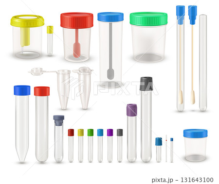 Medical containers for assembling human biomaterial, vector realistic empty transparent test tubes laboratory analysis 131643100