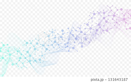 Colorful molecules background with DNA helix, DNA strand, DNA Test. Molecule or atom, neurons. Abstract structure for science, healthcare or medical background, banner. Scientific vector illustration 131643187