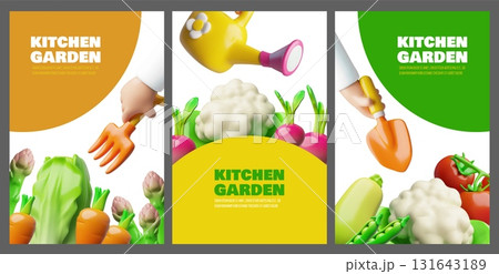 Kitchen garden 3D plastic style vector designs set, organic crops, farming, gardening equipment, vegetables harvest Kitchen garden 3D plastic style vector designs set, organic crops, farming, gardening equipment, vegetables harvest 131643189
