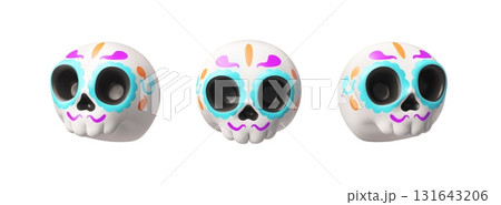 Calavera painted sugar skull with floral pattern 3D vector set, Mexican Dia de Los Muertos Day of the dead decoration 131643206