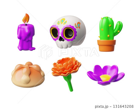 Mexican culture Dia de Los Muertos day symbols 3D vector icon set, Calavera painted sugar skull, candle, bread, marigold 131643208