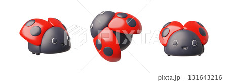 Ladybug or ladybird different sides view realistic 3D vector icons set, red beetle insect black dots pattern on wings 131643216