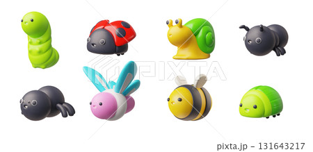 Vector 3D set of kawaii insects, butterfly, bee, caterpillar, spider, ant, beetle, snail, ladybug. Vector 3D set of kawaii insects, butterfly, bee, caterpillar, spider, ant, beetle, snail, ladybug. 131643217