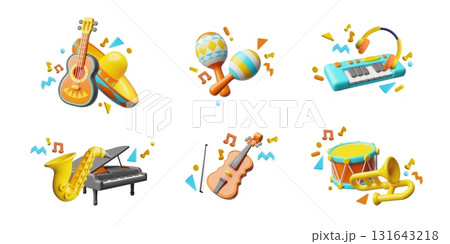 Acoustic guitar, violin, accordion, drum, maracas, piano and saxophone, 3D music instruments vector compositions set 131643218