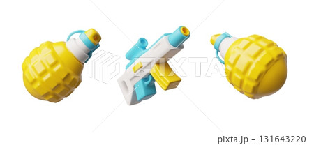 Vector 3D set of combat weapons: rifle, grenade from different sides, yellow and blue colors. Vector 3D set of combat weapons: rifle, grenade from different sides, yellow and blue colors. 131643220