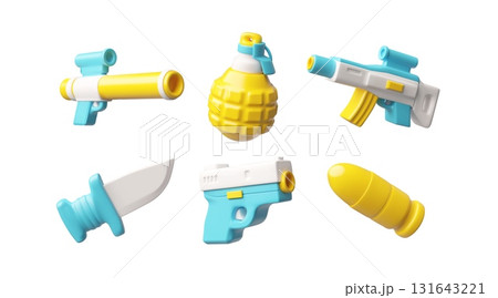 Set of 3D cartoon firearms, grenade, pistol, bullet, knife, rifle, yellow and blue. 131643221
