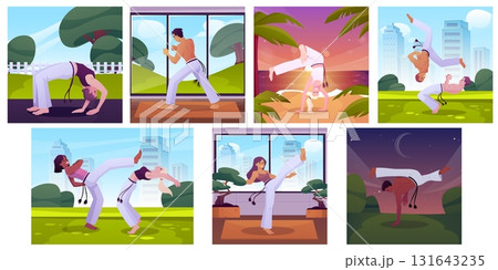 People doing capoeira exercise at nature, home or gym, Brazilian Capoeira dance and fight sport vector illustrations set People doing capoeira exercise at nature, home or gym, Brazilian Capoeira dance and fight sport vector illustrations set 131643235
