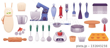 Kitchen tools and appliance flat vector set, cartoon confectionery equipment for cooking, baking utensil, supplies 131643238