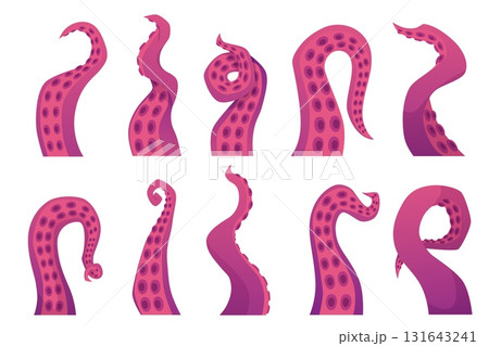Octopus twisted long tentacle with suckers vector flat icons set, sea monster kraken limb, cartoon sea and ocean animal Octopus twisted long tentacle with suckers vector flat icons set, sea monster kraken limb, cartoon sea and ocean animal 131643241