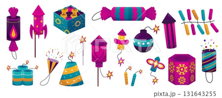 Cartoon firecrackers different forms vector icons set, colorful party firework rocket petard launch with a lit fuse Cartoon firecrackers different forms vector icons set, colorful party firework rocket petard launch with a lit fuse 131643255