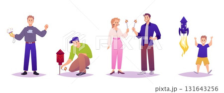 Set of happy characters of different genders and ages, with firecrackers, party poppers, sparklers. Set of happy characters of different genders and ages, with firecrackers, party poppers, sparklers. 131643256