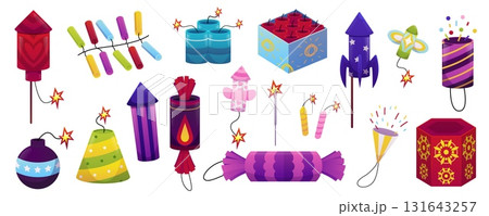 Set of firecrackers of different shapes, rocket, candy, cone, bomb, in a box, fireworks. Set of firecrackers of different shapes, rocket, candy, cone, bomb, in a box, fireworks. 131643257
