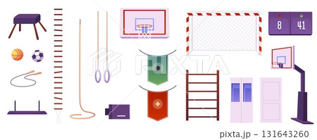 A set of equipment, tools for a school gym, gate, ball, rings, rope, door, horse, scoreboard. A set of equipment, tools for a school gym, gate, ball, rings, rope, door, horse, scoreboard. 131643260