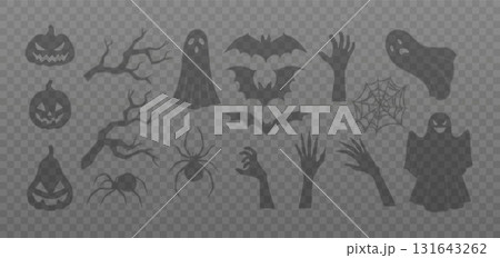 Halloween shadows vector set, scary ghost, bat, zombie hand, pumpkin with a devil face, spider cobweb spooky silhouettes Halloween shadows vector set, scary ghost, bat, zombie hand, pumpkin with a devil face, spider cobweb spooky silhouettes 131643262