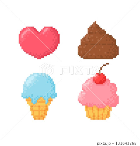 Emoji pixel art vector icons set, heart and poop shapes, retro video game cupcake and ice cream bitmap 8 bit design Emoji pixel art vector icons set, heart and poop shapes, retro video game cupcake and ice cream bitmap 8 bit design 131643268