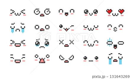 Emoji kawaii emoticon positive or negative expression pixel art vector set, black outline funny faces emotion collection Emoji kawaii emoticon positive or negative expression pixel art vector set, black outline funny faces emotion collection 131643269