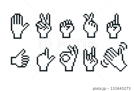 Hand gesture emoji emoticon pixel art vector set, black outline thumb up, ok, fist hand symbol 8 bit fingers language 131643273