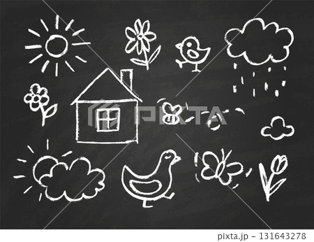 Kids chalk board drawings, bird, house, flower, cloud and sun, butterfly and bee white chalk hand painting vector set 131643278