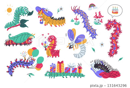 Cartoon caterpillar vector set, cute worm insect with gifts boxes, balloons, flowers doodle drawn larva different colors Cartoon caterpillar vector set, cute worm insect with gifts boxes, balloons, flowers doodle drawn larva different colors 131643296