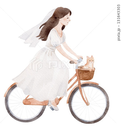 Watercolor illustration of a bride riding a bicycle with a cute kitten in the basket. Whimsical wedding artwork for invitations, cards, nursery prints, or romantic wall decor. Watercolor illustration of a bride riding a bicycle with a cute kitten in the basket. Whimsical wedding artwork for invitations, cards, nursery prints, or romantic wall decor. 131643303