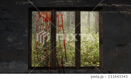 Old wooden window on the grungy wall with outdoor view and splatters of blood drops, blood splashes, or blood spots. Mockup or Copy space. Halloween wallpaper or background Old wooden window on the grungy wall with outdoor view and splatters of blood drops, blood splashes, or blood spots. Mockup or Copy space. Halloween wallpaper or background 131643343