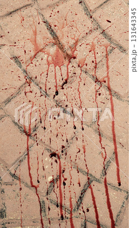 Realistic effect of splatters of blood drops, blood splashes, or blood spots on a tile floor. Halloween wallpaper or background Realistic effect of splatters of blood drops, blood splashes, or blood spots on a tile floor. Halloween wallpaper or background 131643345